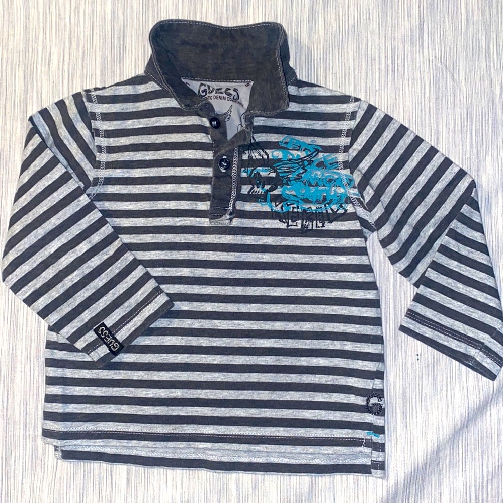 GUESS baby Boy Long Sleeve Striped Polo Shirt with Cool Graphic
